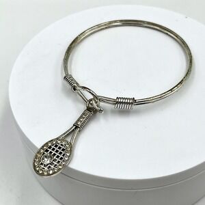 Vintage Silver Tone Sporty Tennis Racket Charm Bangle Bracelet Rhinestone Hook